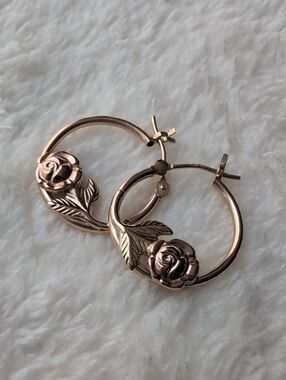 Solid 14K Yellow And Rose Gold Earrings Floral Hoop